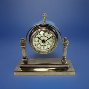 Table Clock Swing Mid Century Home Accent - Desk Display ~ Silver  ~ Clock Works